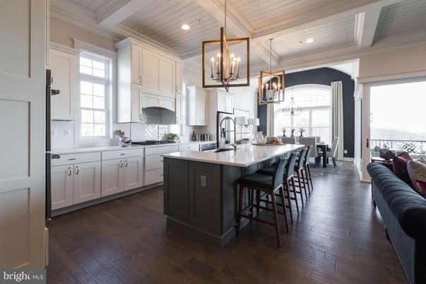 Dining room, Interior, Kitchen, Pendant Lights, Recessed Lighting, Wood Texture Flooring