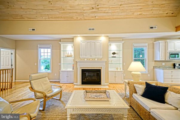 Fireplace, Interior, Living room, Recessed Lighting, Wooden Ceilings, Wood Texture Flooring