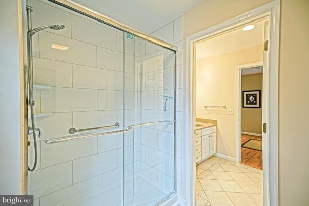 Bathroom, Glass Shower, Interior, Recessed Lighting, Wood Texture Flooring