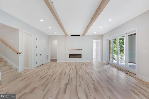 Empty room, Fireplace, Interior, Recessed Lighting, Wooden Beams, Wood Texture Flooring