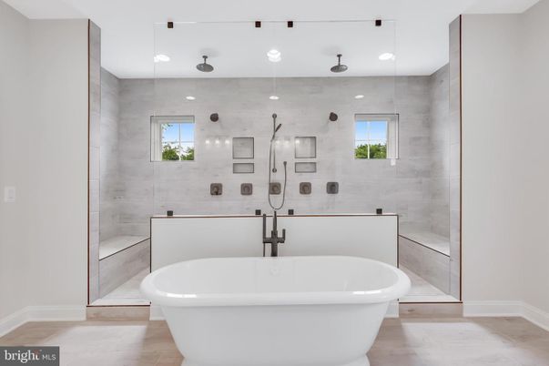 Bathroom, Free Standing Baths, Glass Shower, Interior, Recessed Lighting