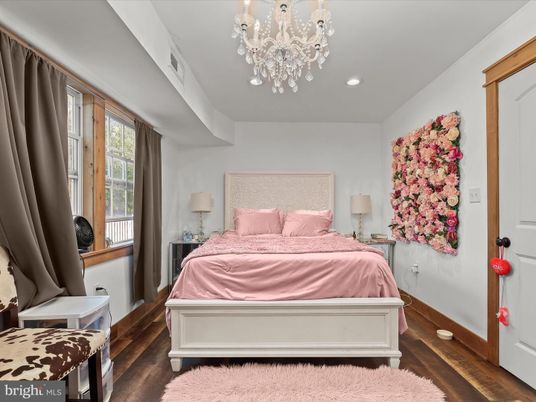 Bedroom, Chandelier, Interior, Recessed Lighting, Wood Texture Flooring