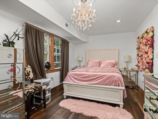 Bedroom, Chandelier, Interior, Recessed Lighting, Wood Texture Flooring