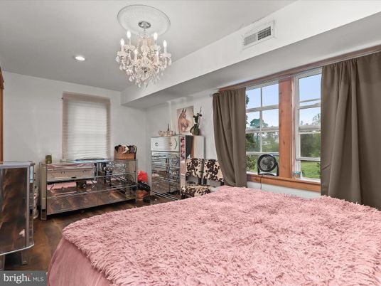 Bedroom, Chandelier, Interior, Recessed Lighting, Wood Texture Flooring