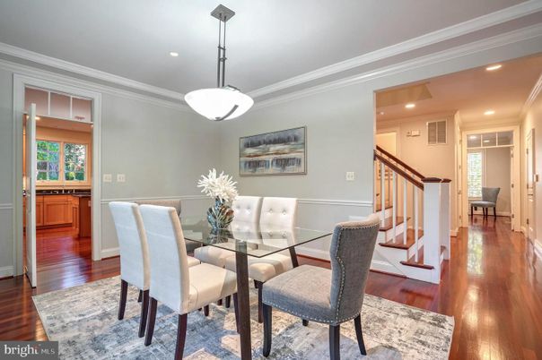 Dining room, Interior, Pendant Lights, Recessed Lighting, Wood Texture Flooring