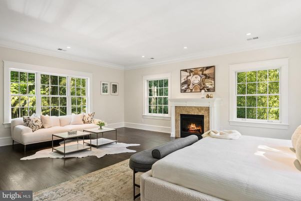 Bedroom, Fireplace, Interior, Living room, Recessed Lighting, Wood Texture Flooring