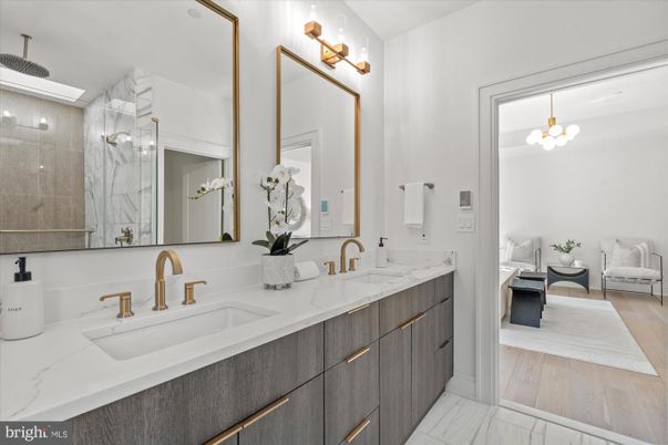 Bathroom, Dual Sink Vanities, Glass Shower, Interior, Marble, Marble Walls, Wood Texture Flooring