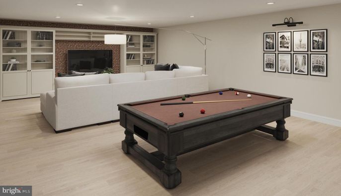 Billiard Table, Game Room, Interior, Living room, Pendant Lights, Recessed Lighting, Wood Texture Flooring