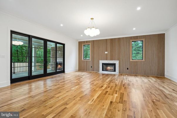 Empty room, Fireplace, Interior, Pendant Lights, Recessed Lighting, Wood Texture Flooring