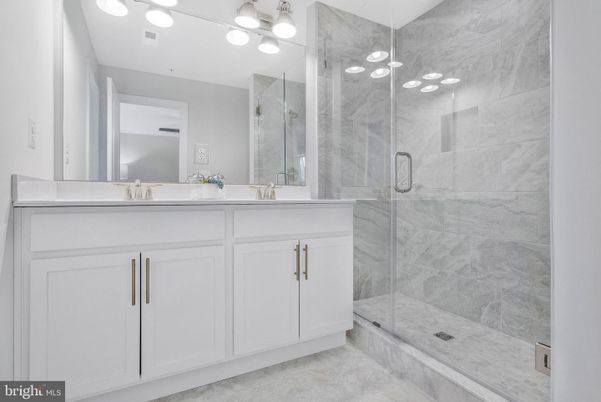Bathroom, Dual Sink Vanities, Glass Shower, Interior, Marble Walls