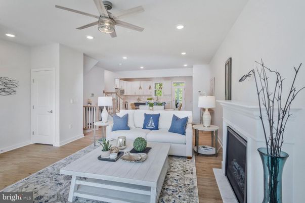 Fireplace, Interior, Kitchen, Living room, Recessed Lighting, Wood Texture Flooring