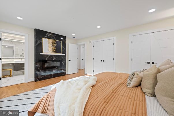 Bedroom, Fireplace, Interior, Marble, Recessed Lighting, Wood Texture Flooring