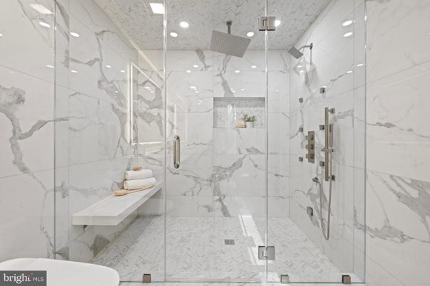 Bathroom, Glass Shower, Interior, Marble Walls, Recessed Lighting