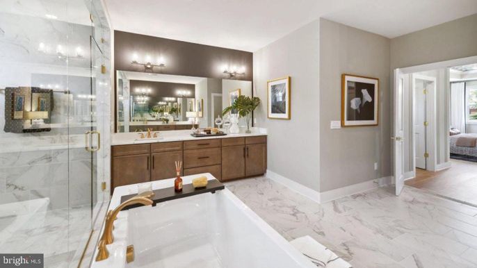 Bathroom, Dual Sink Vanities, Glass Shower, Interior, Marble, Marble Walls