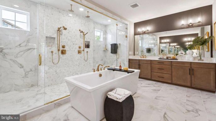 Bathroom, Dual Sink Vanities, Free Standing Baths, Glass Shower, Interior, Marble, Marble Walls, Recessed Lighting