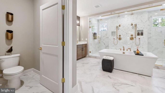 Bathroom, Glass Shower, Interior, Marble, Marble Walls, Recessed Lighting