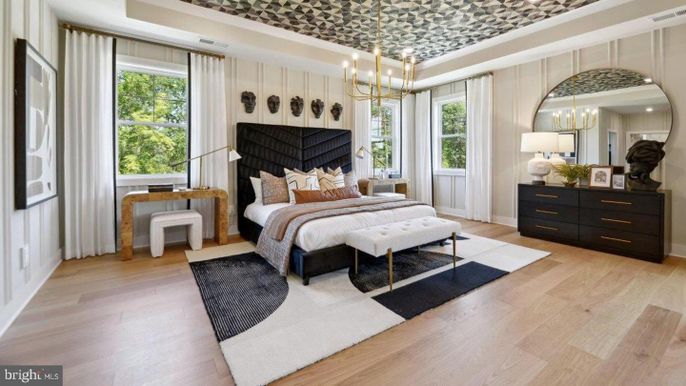 Bedroom, Chandelier, Interior, Pendant Lights, Recessed Lighting, Wood Texture Flooring