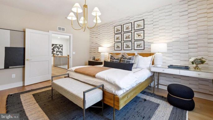Bedroom, Chandelier, Interior, Wood Texture Flooring