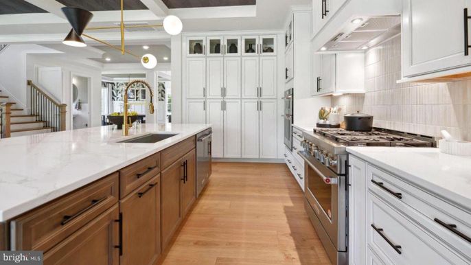 Interior, Kitchen, Pendant Lights, Recessed Lighting, Stainless Steel Appliances, Wood Texture Flooring