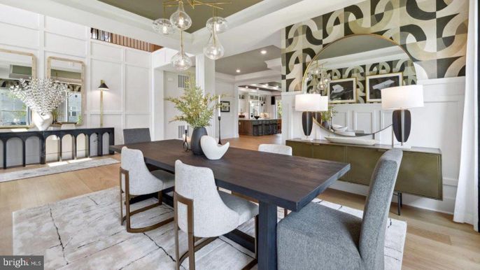 Dining room, Interior, Pendant Lights, Recessed Lighting, Wood Texture Flooring