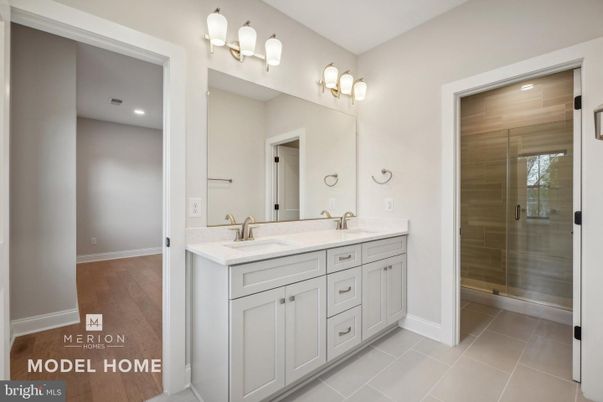 Bathroom, Dual Sink Vanities, Glass Shower, Interior, Recessed Lighting, Wood Texture Flooring