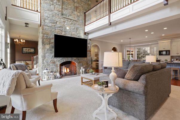Chandelier, Dining room, Fireplace, Interior, Kitchen, Living room, Pendant Lights, Recessed Lighting, Stone Walls
