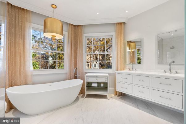 Bathroom, Dual Sink Vanities, Free Standing Baths, Interior, Marble, Pendant Lights, Recessed Lighting