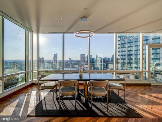 Dining room, Interior, Pendant Lights, Recessed Lighting, Water, Wood Texture Flooring