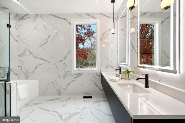 Bathroom, Dual Sink Vanities, Glass Shower, Interior, Marble, Marble Walls, Pendant Lights