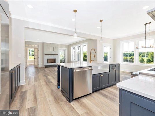Fireplace, Interior, Kitchen, Pendant Lights, Recessed Lighting, Stainless Steel Appliances, Wood Texture Flooring