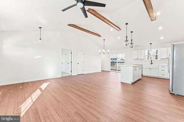 Empty room, Interior, Kitchen, Pendant Lights, Recessed Lighting, Wooden Beams, Wood Texture Flooring