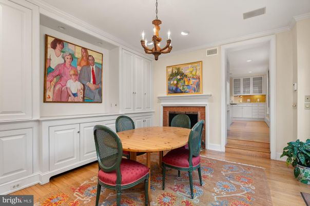 Chandelier, Dining room, Fireplace, Interior, Recessed Lighting, Wood Texture Flooring