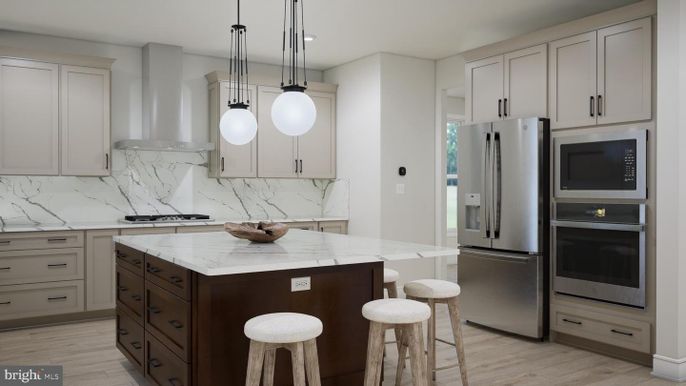 Interior, Kitchen, Marble Walls, Pendant Lights, Recessed Lighting, Stainless Steel Appliances, Wood Texture Flooring