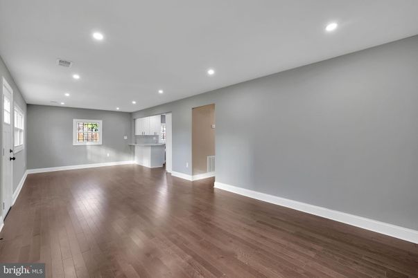 Empty room, Interior, Kitchen, Recessed Lighting, Wood Texture Flooring