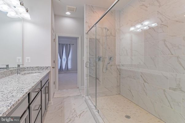 Bathroom, Glass Shower, Interior, Marble, Marble Walls, Recessed Lighting