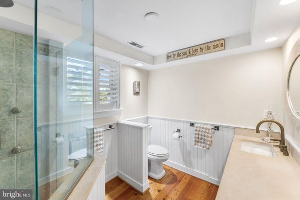 Bathroom, Glass Shower, Interior, Recessed Lighting, Wood Texture Flooring