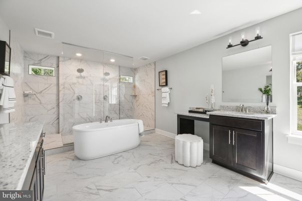Bathroom, Dual Sink Vanities, Free Standing Baths, Interior, Marble, Marble Walls, Recessed Lighting