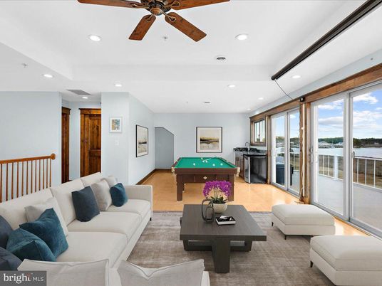 Billiard Table, Game Room, Interior, Living room, Recessed Lighting, Water, Wood Texture Flooring