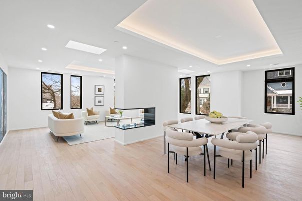 Dining room, Interior, Living room, Recessed Lighting, Wood Texture Flooring