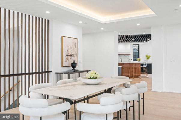 Dining room, Interior, Recessed Lighting, Wood Texture Flooring
