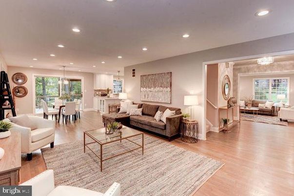 Dining room, Fireplace, Interior, Living room, Pendant Lights, Recessed Lighting, Wood Texture Flooring