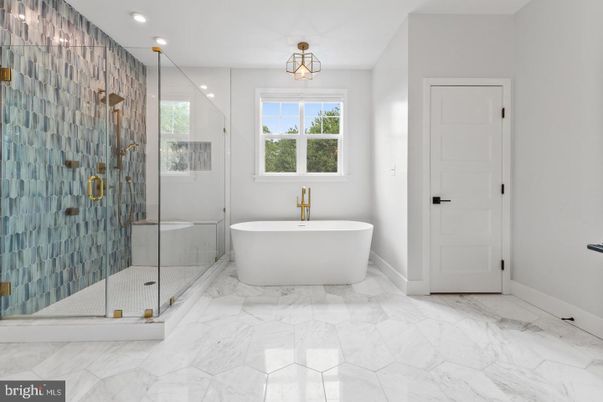 Bathroom, Free Standing Baths, Glass Shower, Interior, Marble, Recessed Lighting