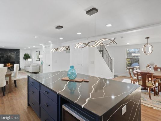 Dining room, Fireplace, Interior, Kitchen, Living room, Pendant Lights, Recessed Lighting, Wood Texture Flooring