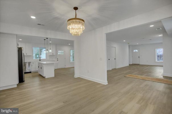 Chandelier, Empty room, Interior, Kitchen, Pendant Lights, Recessed Lighting, Wood Texture Flooring