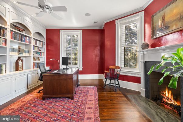 Fireplace, Home Office, Interior, Recessed Lighting, Wood Texture Flooring
