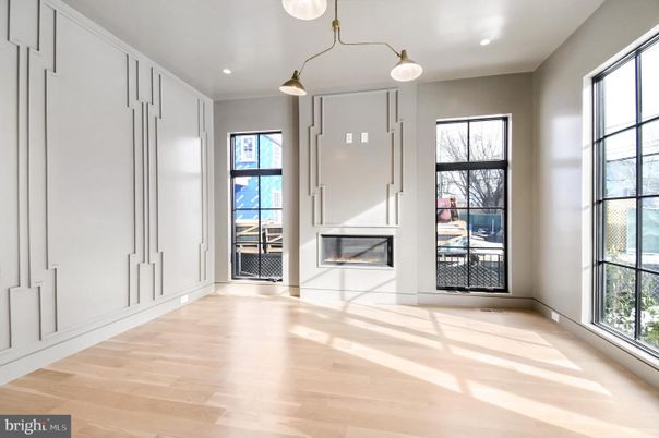 Empty room, Fireplace, Interior, Pendant Lights, Recessed Lighting, Wood Texture Flooring