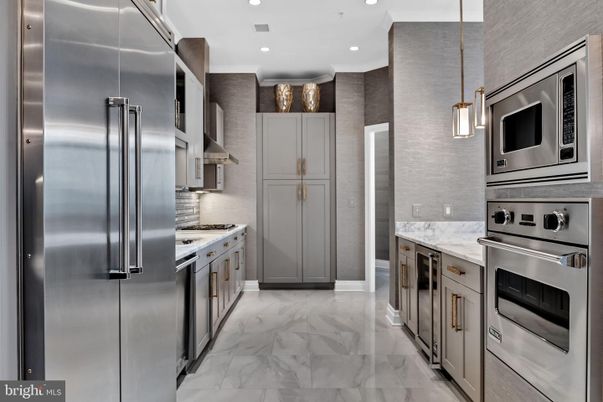 Interior, Kitchen, Marble, Pendant Lights, Recessed Lighting, Stainless Steel Appliances