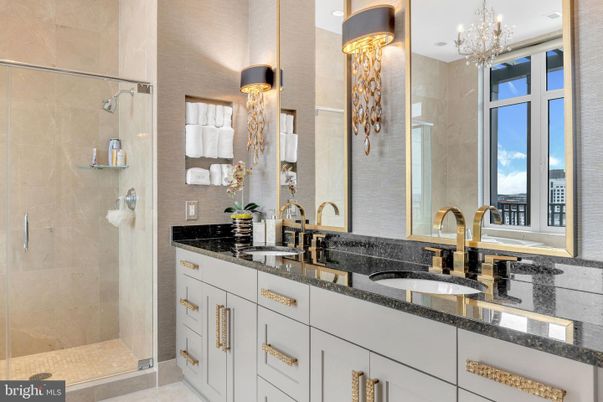 Bathroom, Chandelier, Dual Sink Vanities, Glass Shower, Interior, Recessed Lighting