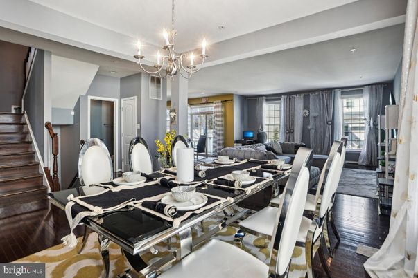 Chandelier, Dining room, Interior, Living room, Recessed Lighting, Wood Texture Flooring