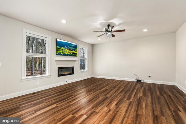 Empty room, Fireplace, Interior, Recessed Lighting, Wood Texture Flooring